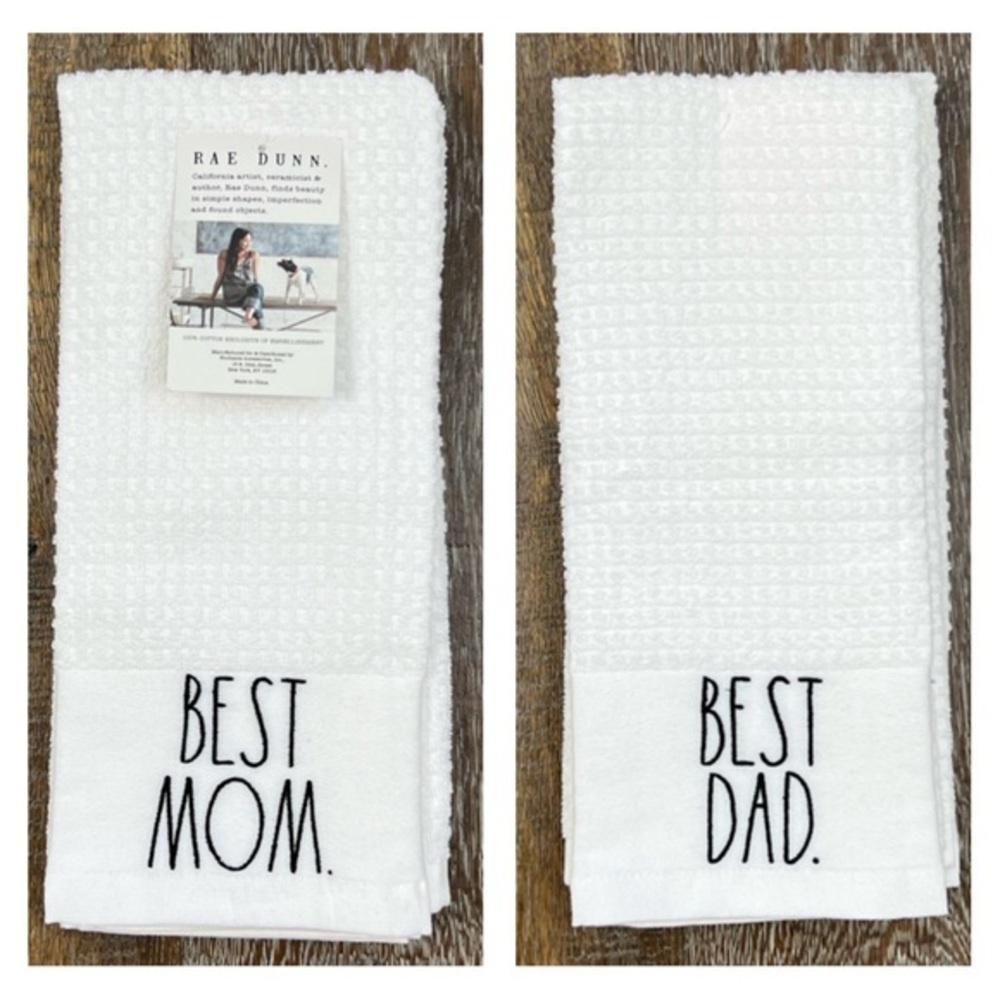 Rae Dunn - ‘Best Mom - Best Dad’ dish towels (2). NWT Firm!